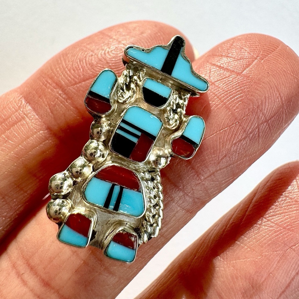 Zuni Kachina Dancer Pendant Turquoise Coral Brooch Signed Sterling Native Amer